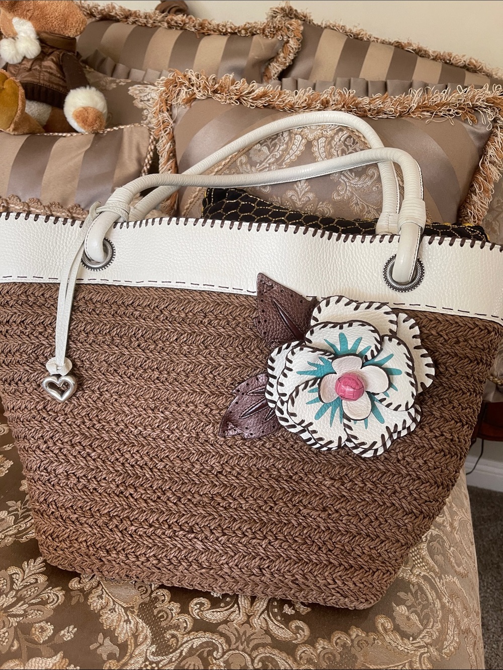 Brighton Brown Woven Tote with White Trim and Floral Accent